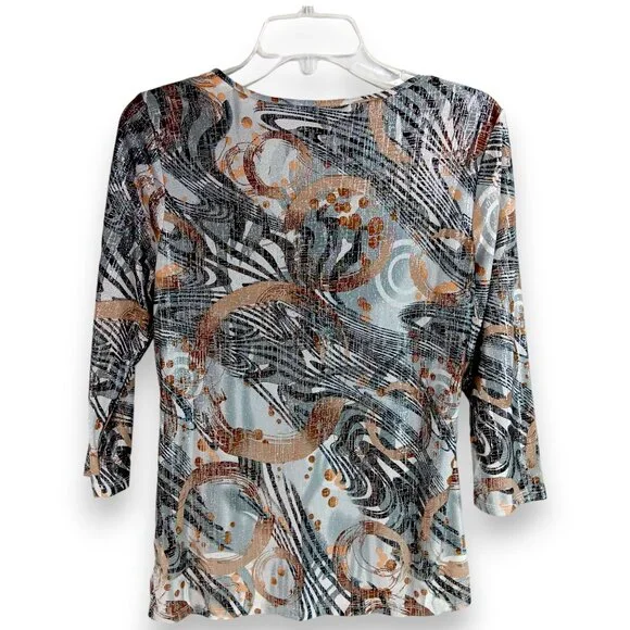 EMILY DANIELS-Women's Top-Brushed Abstract-3/4 Sleeve-SMALL-Black-Gray-Tan-White - Picture 3 of 15